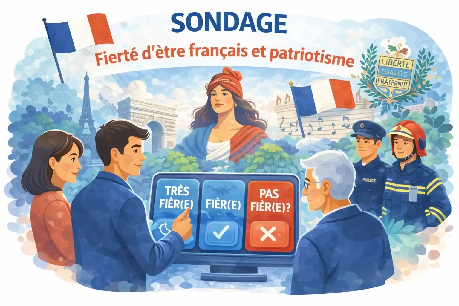 Sondage sur la fierté nationale et le patriotisme en France avec symboles républicains.