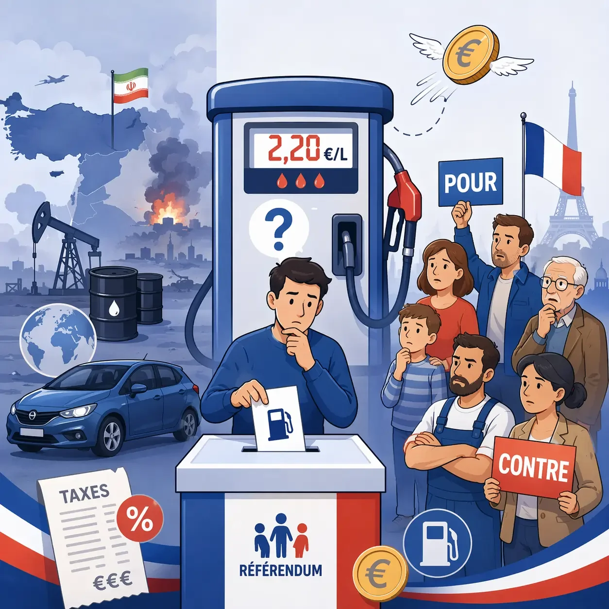 Illustration style référendum citoyen en France : au centre, une personne dépose un bulletin carburant dans une urne devant une pompe à essence affichant 2,20€/L, avec une pièce en euro qui s’envole. À gauche, une scène symbolique de tensions internationales au Moyen-Orient avec pétrole et explosion stylisée. À droite, des citoyens français variés, inquiets, tiennent des panneaux « POUR » et « CONTRE ». Des éléments visuels évoquent les taxes, le carburant et le coût de la vie, dans une ambiance neutre et informative aux couleurs bleu blanc rouge.